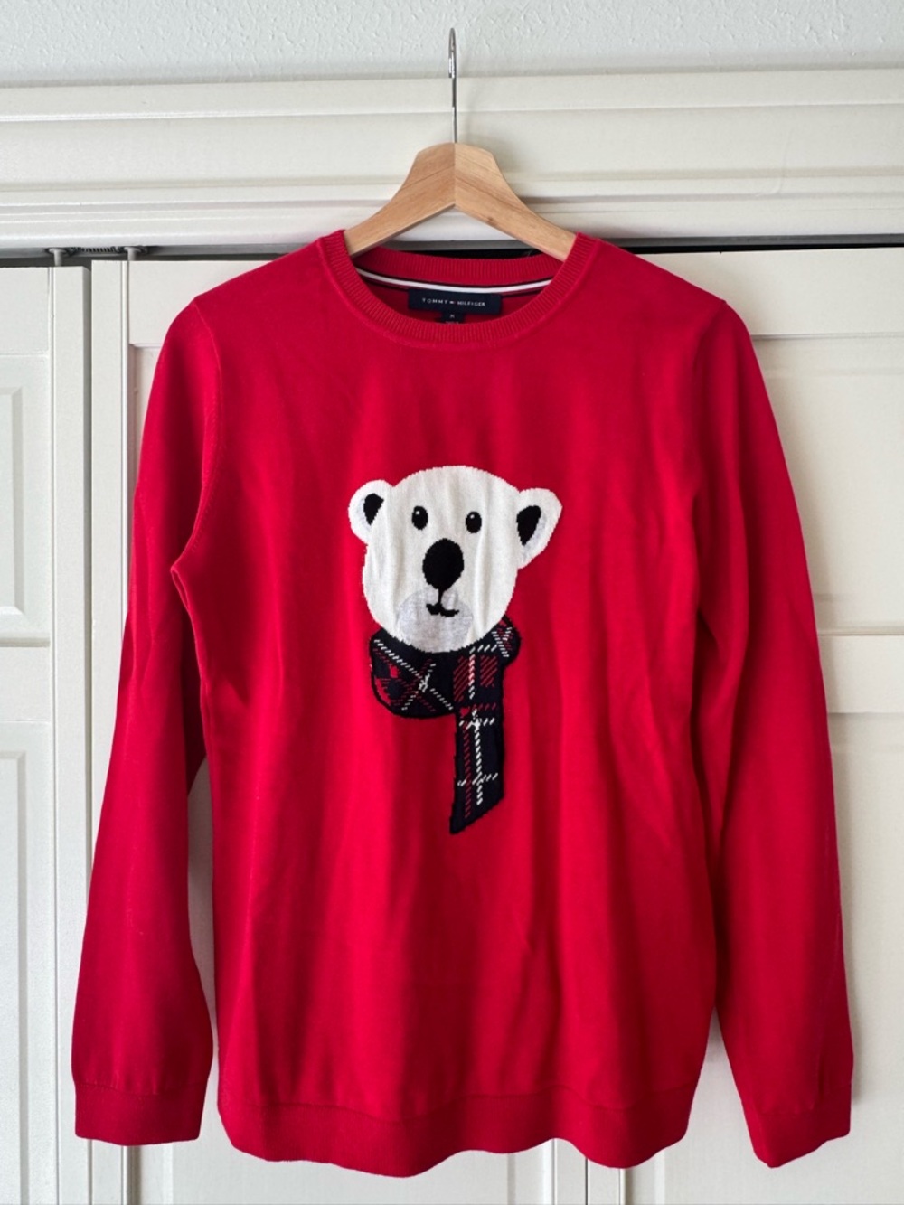 Tommy Hilfiger Red Knit Crewneck Sweater with Signature Trim